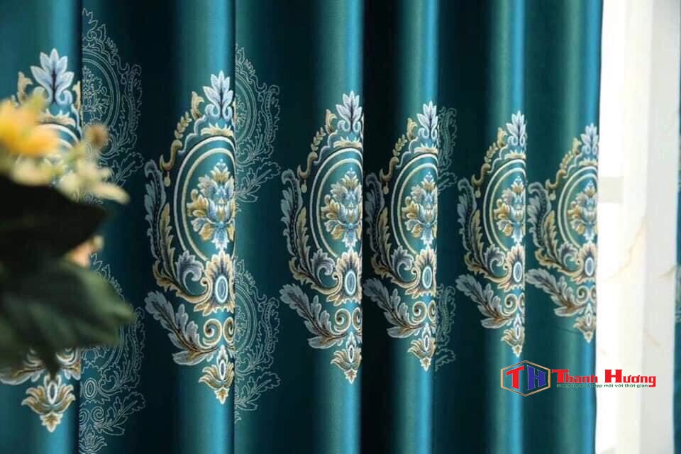 Rèm vải gấm bố hoa văn cổ điển màu xanh 11